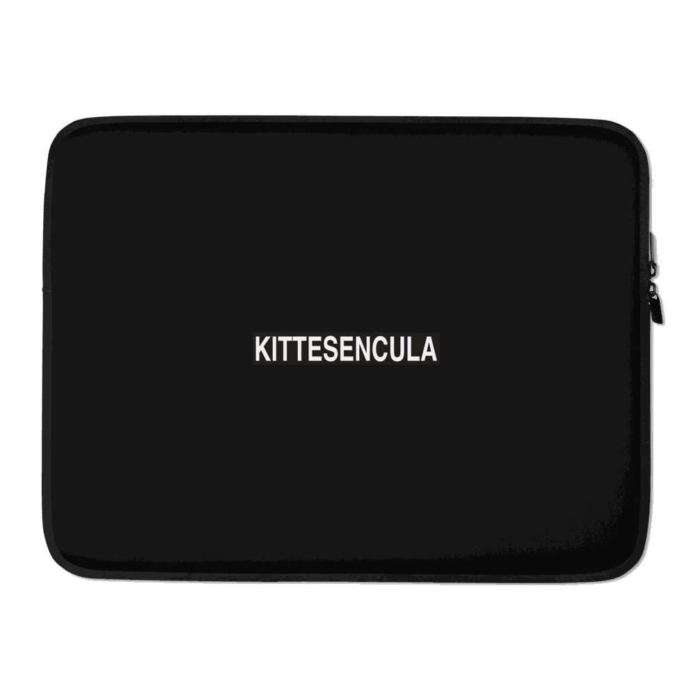 Black Kittesencula Laptop Sleeve with padded zipper and faux fur lining for 13-15 inch laptops, water and heat resistant neoprene material