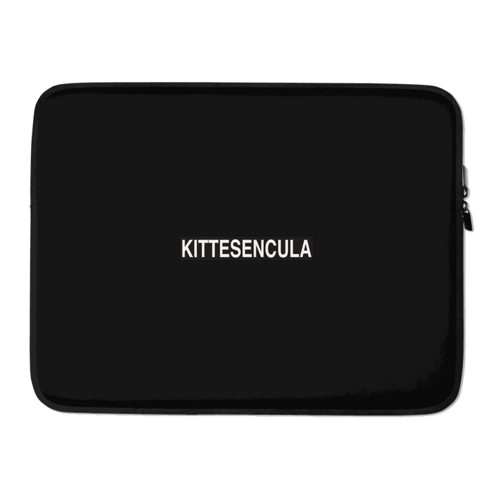 Black Kittesencula Laptop Sleeve with padded zipper and faux fur lining for 13-15 inch laptops, water and heat resistant neoprene material