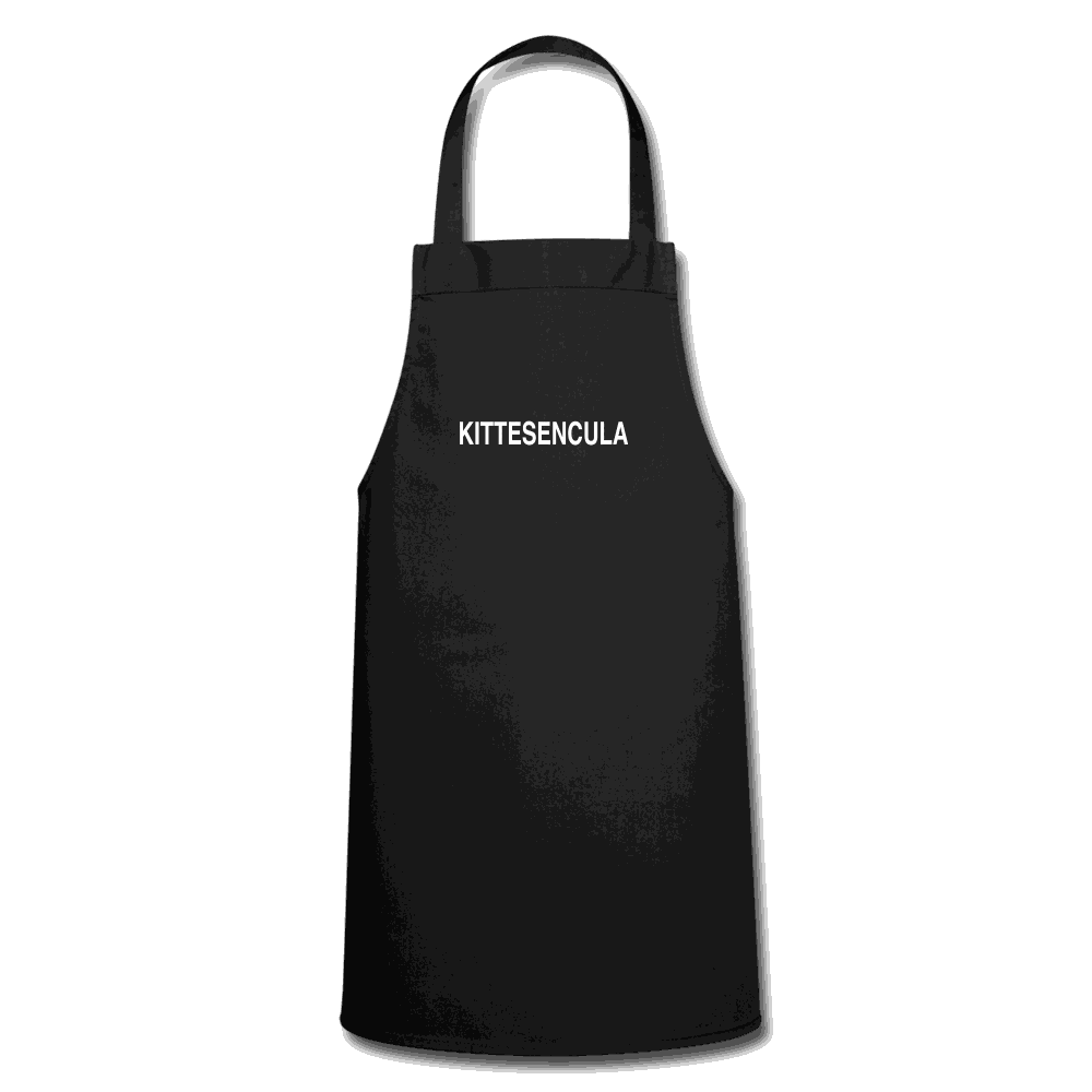 Black Kittesencula Chef Apron with adjustable draw cords, durable 100% cotton fabric, and easy-care design for kitchen and BBQ use