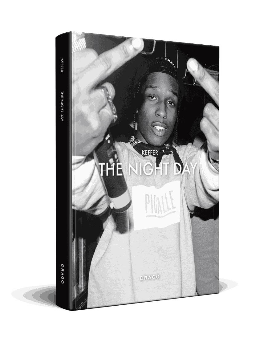 Keffer The Night Day hardcover book cover featuring black and white photo of a person in a Pigalle sweatshirt, Paris nightlife photography collection