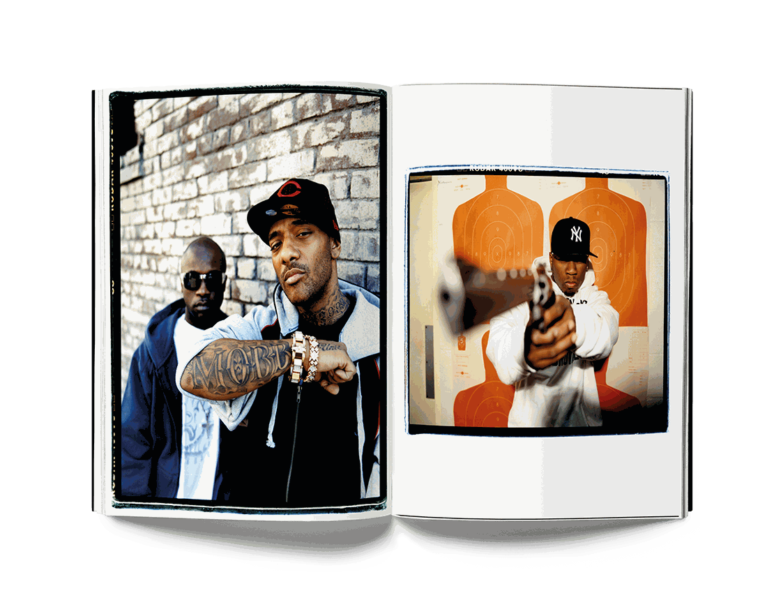 Open book featuring Estevan Oriol's street photography portraits of two men, one aiming a gun at a target, showcasing urban Los Angeles culture.