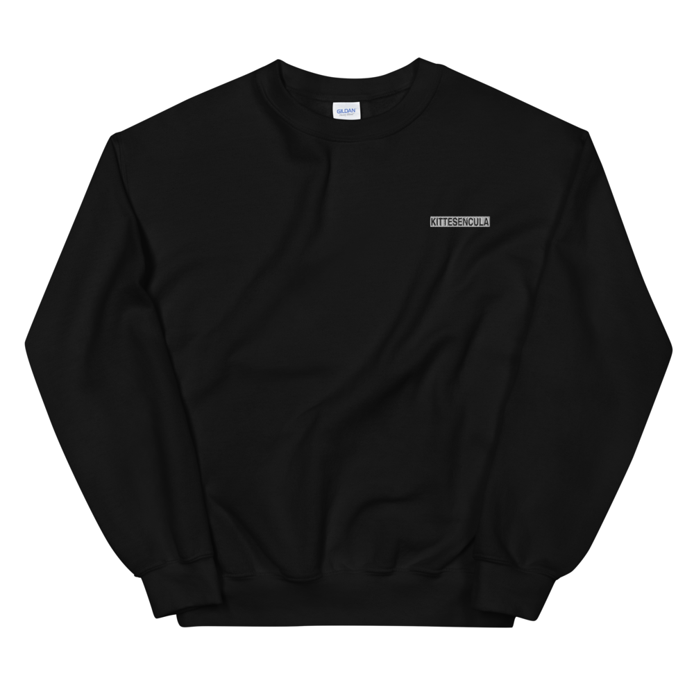 Black Kittesencula sweatshirt with embroidered white logo, classic fit, soft air-jet spun fabric, and rib knit collar.