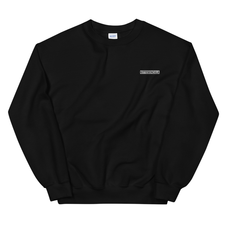 Black Kittesencula sweatshirt with embroidered white logo, classic fit, soft air-jet spun fabric, and rib knit collar.