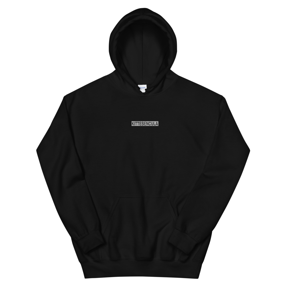 Black Kittesencula hoodie with white embroidered logo, soft cotton-polyester blend, front pouch pocket, and double-lined hood.