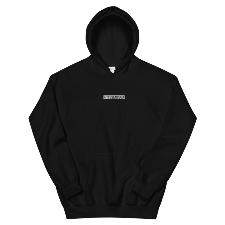 Black Kittesencula hoodie with white embroidered logo, soft cotton-polyester blend, front pouch pocket, and double-lined hood.