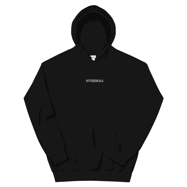 Black Kittesencula Hoodie with embroidered logo, soft cotton-polyester blend, double-lined hood, and front pouch pocket