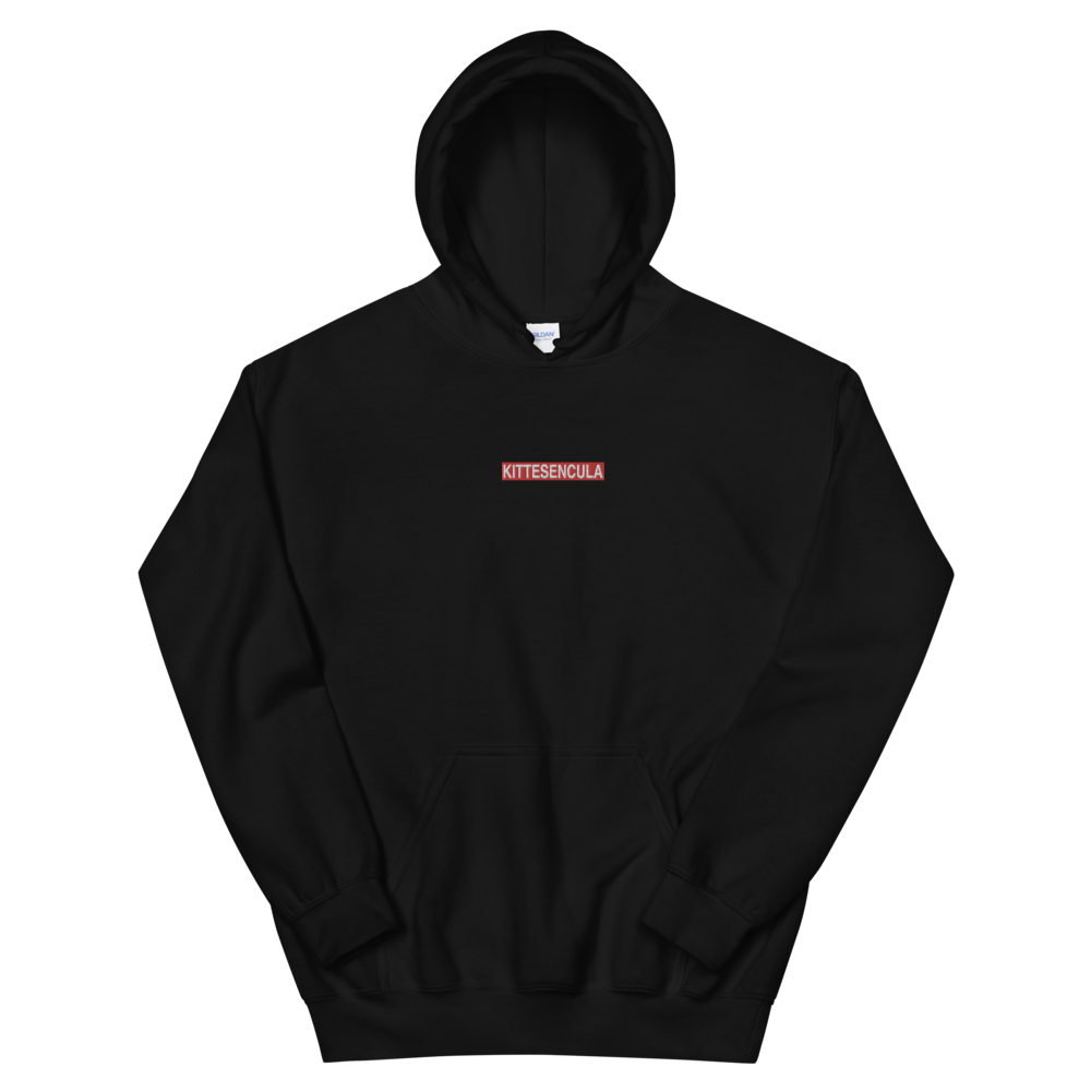 Black Kittesencula Hoodie with embroidered red logo front and kangaroo pocket