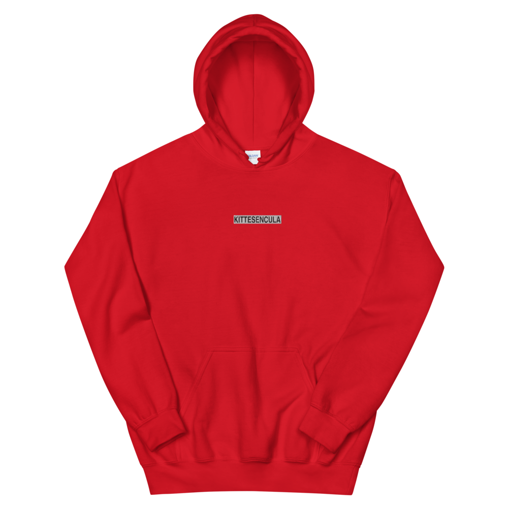 Red Kittesencula Hoodie with embroidered white logo, soft cotton-polyester blend, front pouch pocket, and double-lined hood.