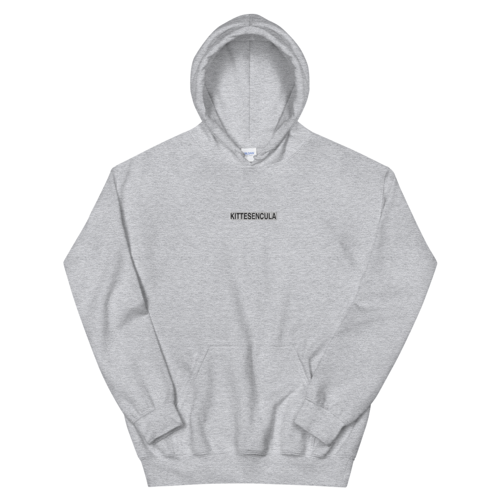 Gray Kittesencula Hoodie with embroidered white logo and front pouch pocket