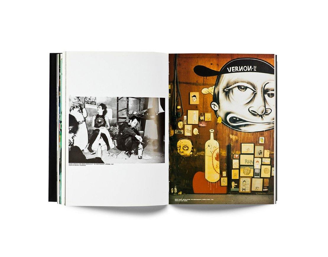 Open book displaying black and white photo on left and colorful street art on right from Aaron Rose Young Sleek and Full of Hell art book