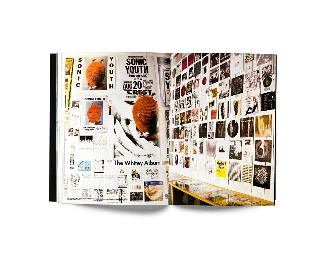 Open book "Aaron Rose Young Sleek and Full of Hell" showing pages with posters and art in a gallery setting