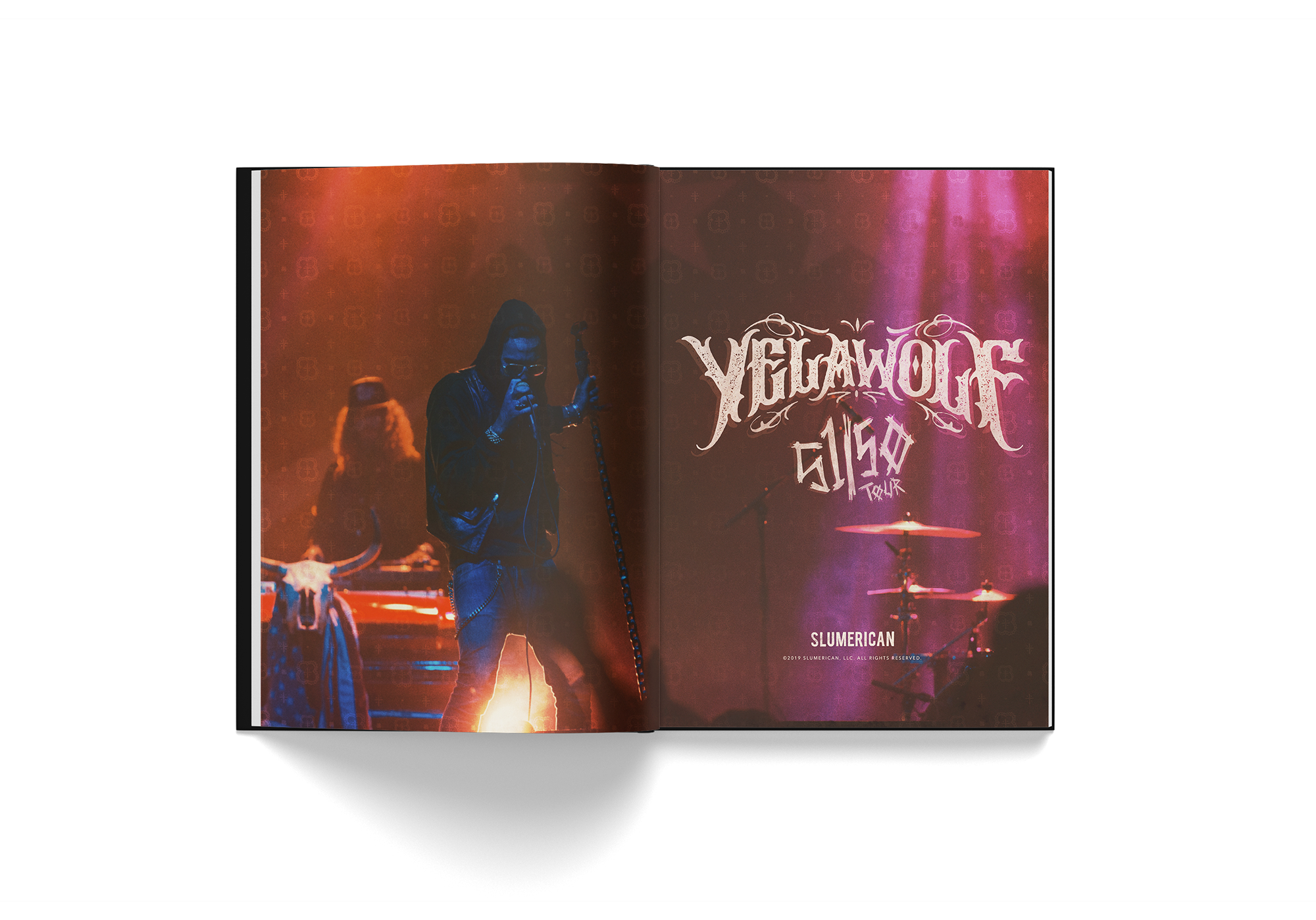 Open book spread featuring Yelawolf 51/50 tour photograph and logo by Edward Crowe