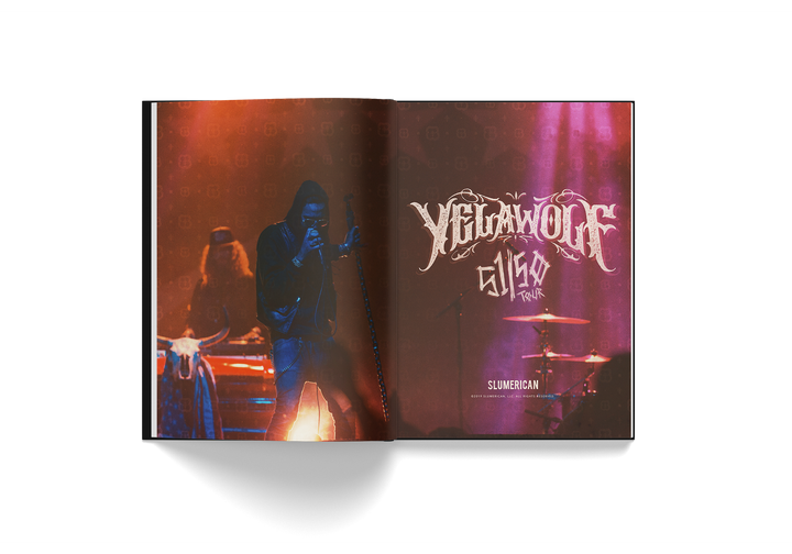 Open book spread featuring Yelawolf 51/50 tour photograph and logo by Edward Crowe