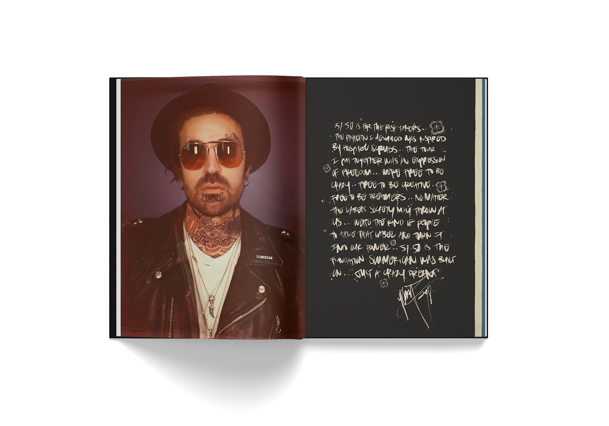 Open book spread of Edward Crowe's Yelawolf 51/50 featuring a portrait of Yelawolf and handwritten notes.