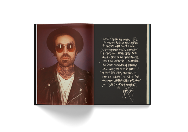 Open book spread of Edward Crowe's Yelawolf 51/50 featuring a portrait of Yelawolf and handwritten notes.