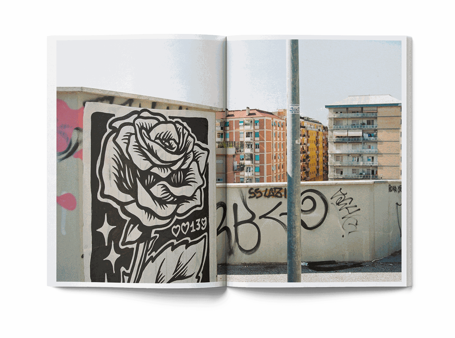 Open book showing street art mural with skull and Colosseum, man in red shirt painting wall, Lucamaleonte Colla 00139 book photo