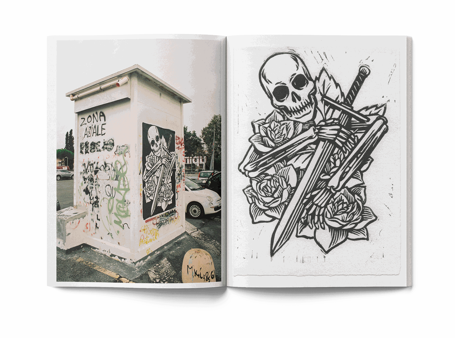 Open book showing street art mural with skull and Colosseum, man in red shirt painting wall, Lucamaleonte Colla 00139 book photo