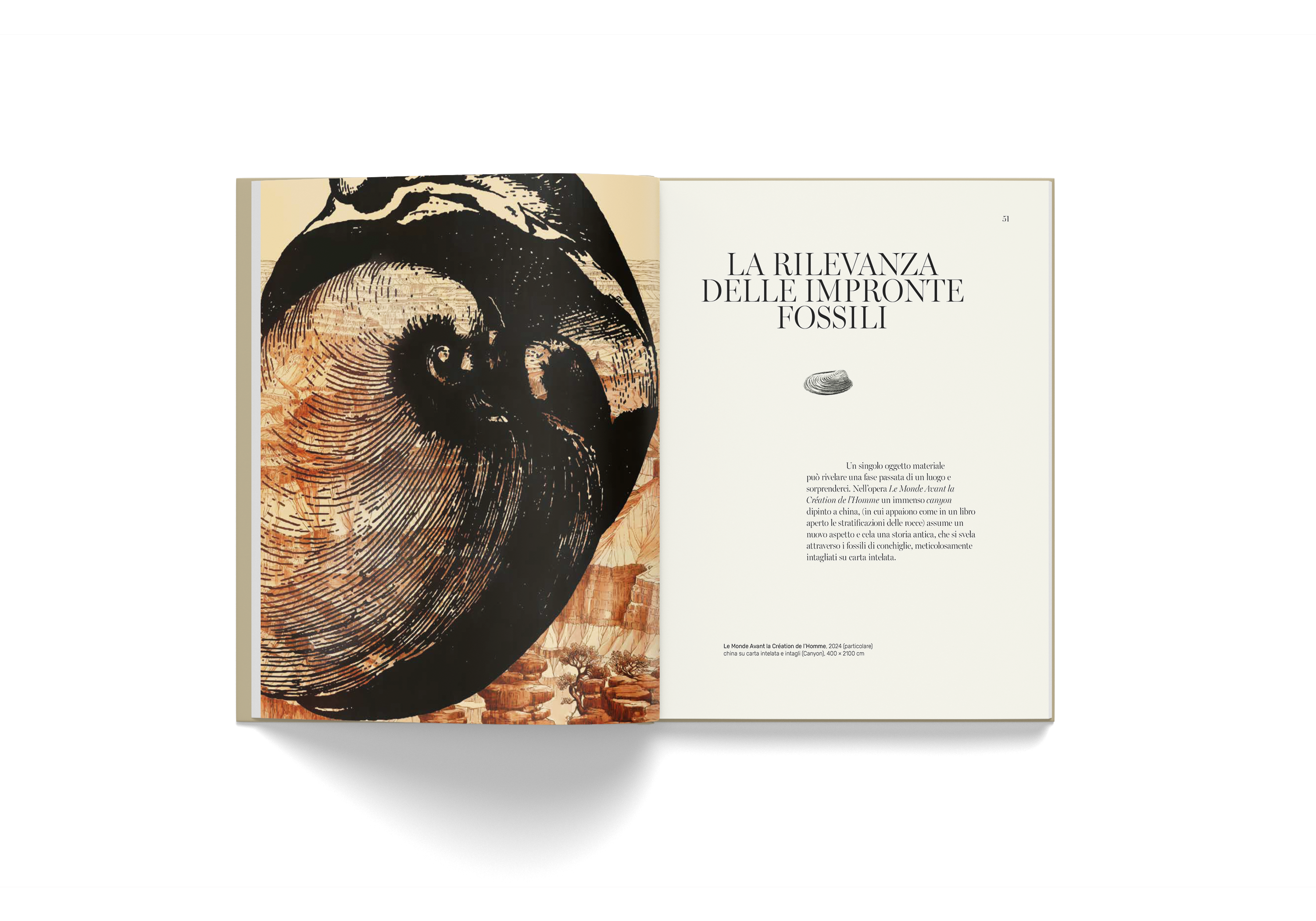 Open book spread featuring Pietro Ruffo's art and Italian text on fossil footprints, from "L'Ultimo Meraviglioso Minuto" exhibition catalog