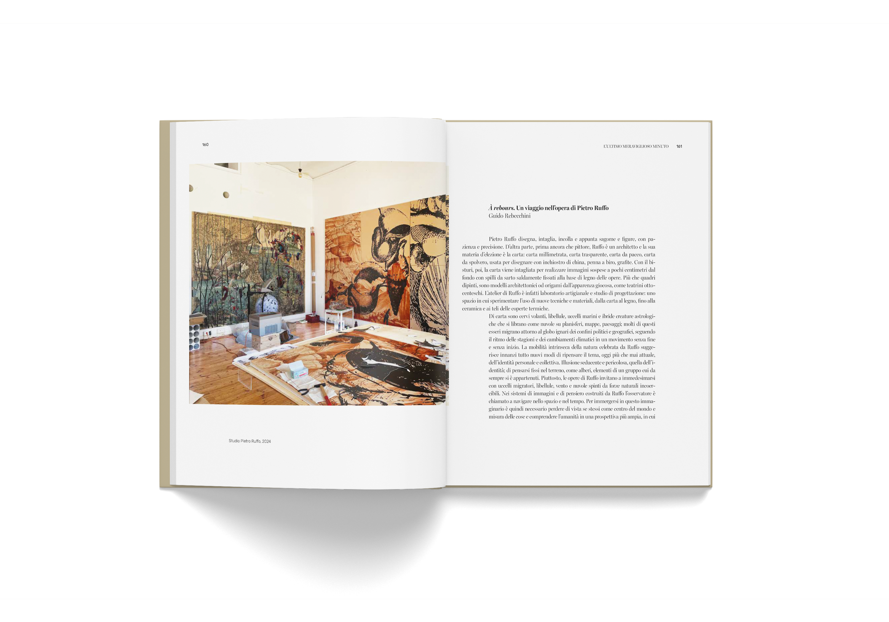 Open book showing Pietro Ruffo's artwork and an essay from "L'Ultimo Meraviglioso Minuto" exhibition catalogue