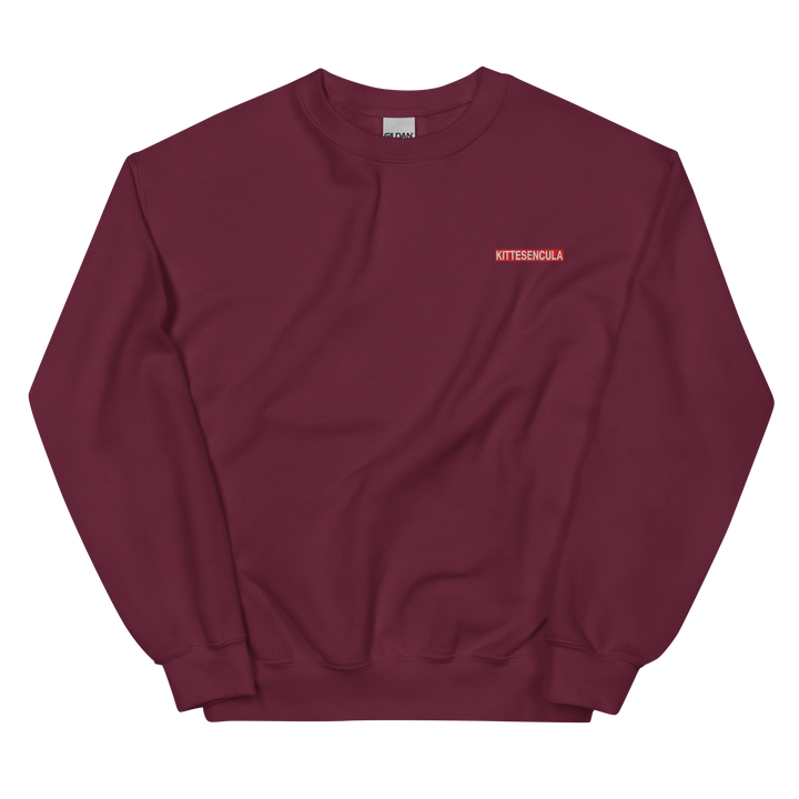 Kittesencula sweatshirt in burgundy with embroidered red logo, classic fit, soft air-jet spun yarn, and rib knit collar.