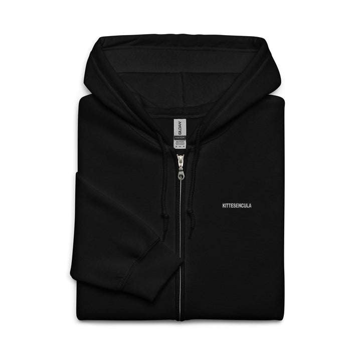 Folded black Kittesencula heavy blend zip hoodie with metal zipper and drawstring hood