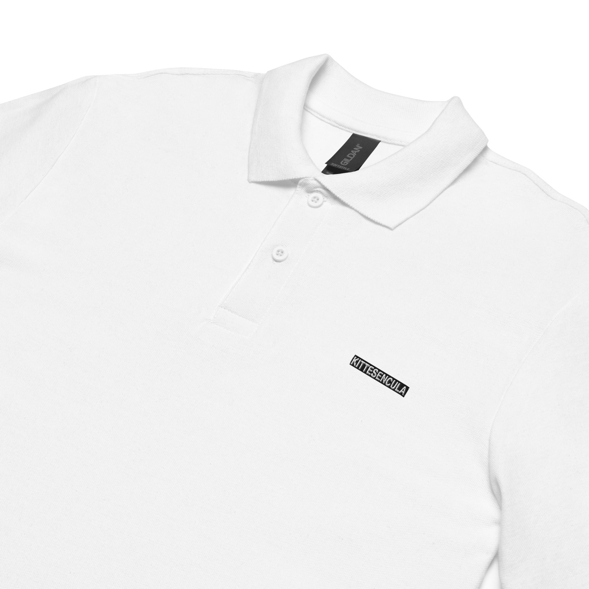 White Kittesencula Polo pique shirt with classic collar and durable cotton fabric, unisex fit