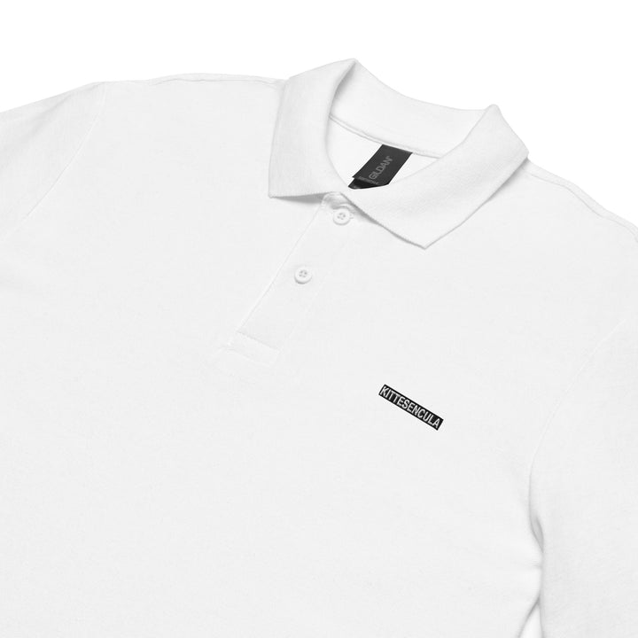 White Kittesencula Polo pique shirt with classic collar and durable cotton fabric, unisex fit