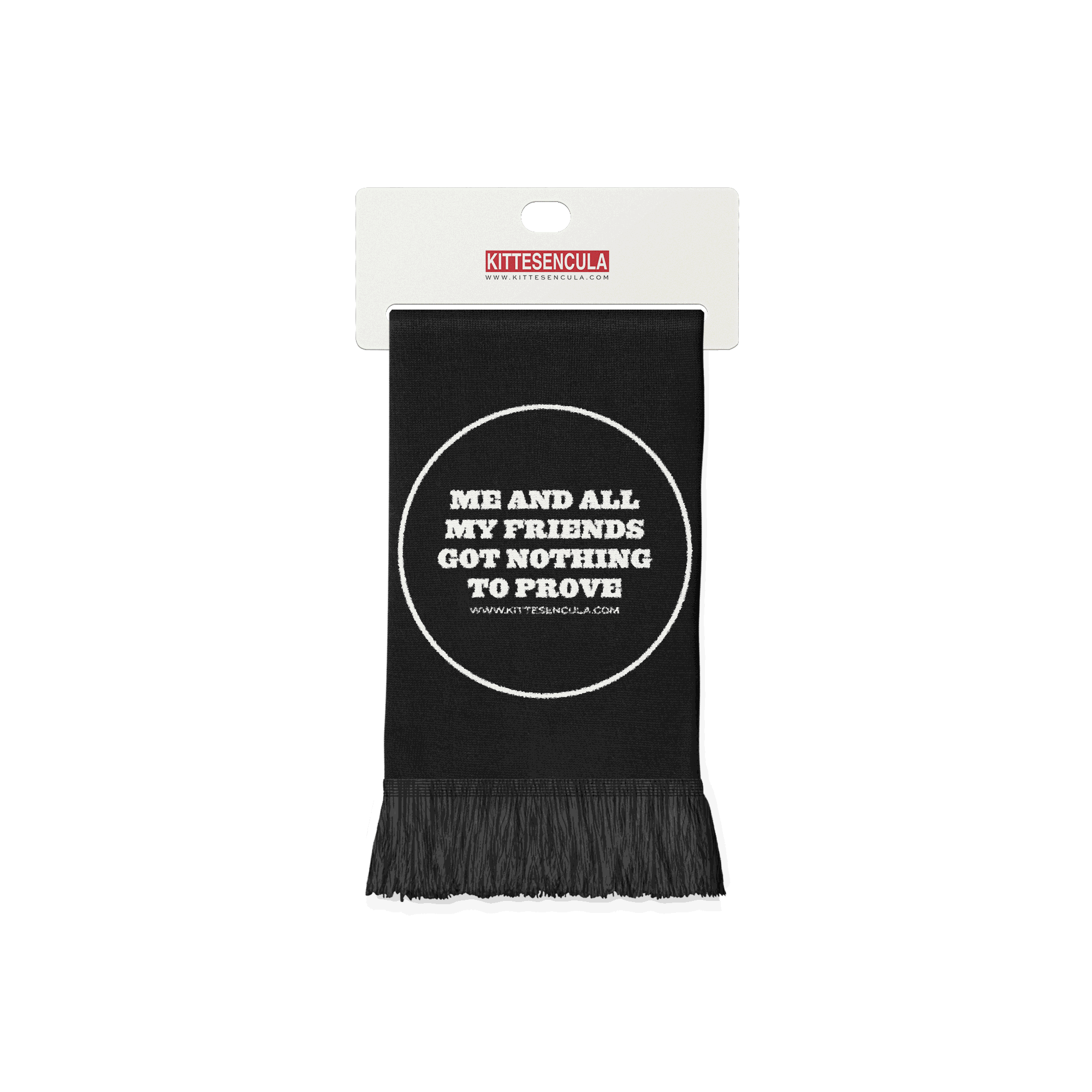 Kittesencula wool blend black scarf with white text and fringe edges