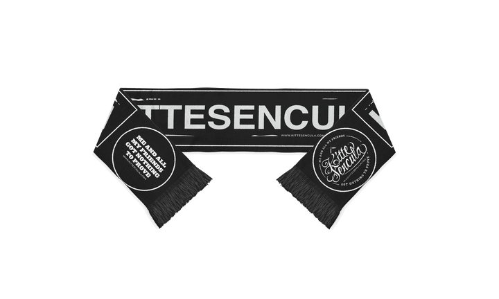 Kittesencula Scarf black wool blend with white text and fringed ends