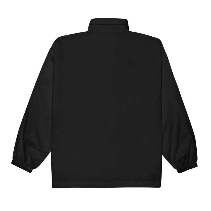 Back view of black Kittesencula windbreaker with elastic cuffs and regular fit design