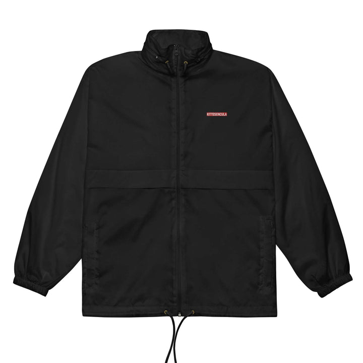 Black Kittesencula windbreaker with zipped pockets, hood, and elastic cuffs, lightweight and water-repellent unisex jacket