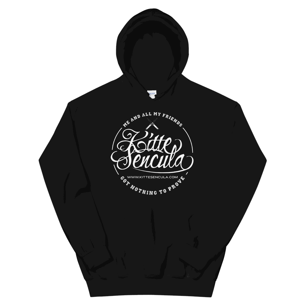 Black Kittesencula "FAT" Hoodie with white logo, double-lined hood, and front pouch pocket, soft and cozy for cooler evenings
