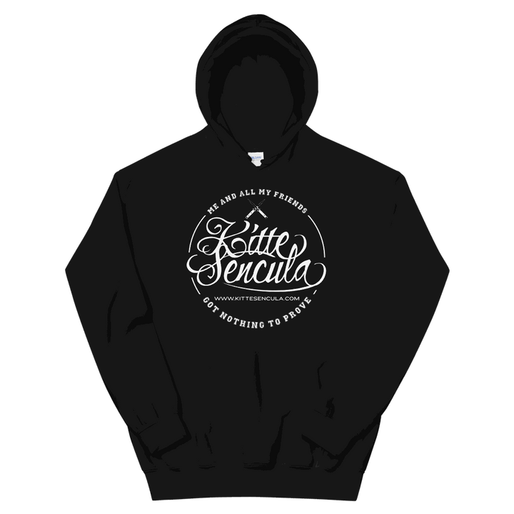 Black Kittesencula "FAT" Hoodie with white logo, double-lined hood, and front pouch pocket, soft and cozy for cooler evenings