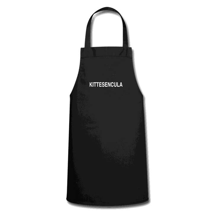 Black Kittesencula Chef Apron with adjustable draw cords, durable 100% cotton fabric, and easy-care design for kitchen and BBQ use
