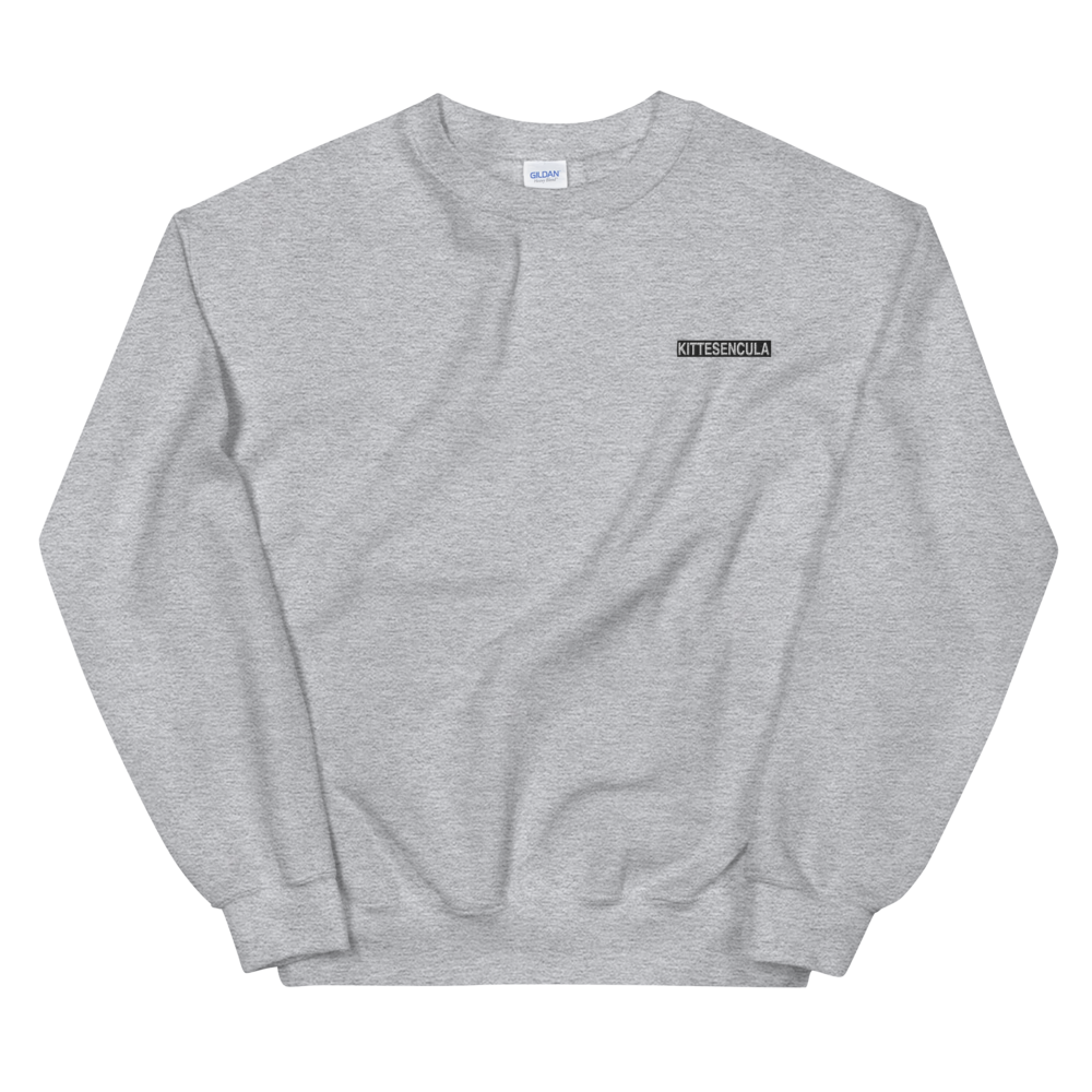 Gray Kittesencula sweatshirt with black embroidered logo, classic fit, cotton-poly blend, warm and soft fabric
