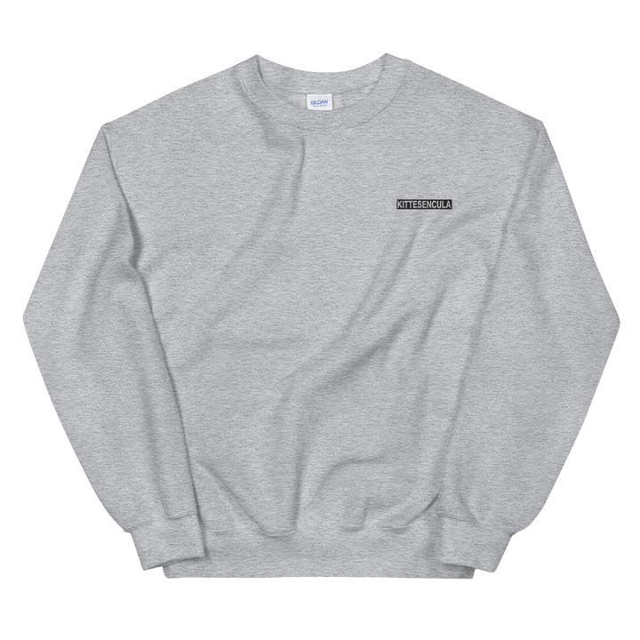 Gray Kittesencula sweatshirt with black embroidered logo, classic fit, cotton-poly blend, warm and soft fabric