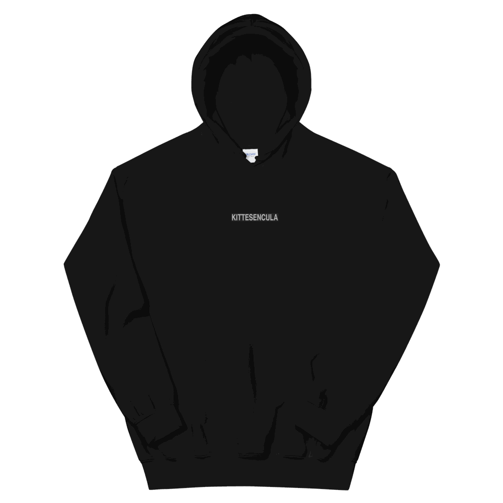 Black Kittesencula Hoodie with embroidered logo, soft cotton-polyester blend, double-lined hood, and front pouch pocket