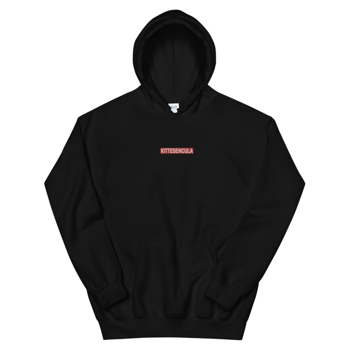 Black Kittesencula Hoodie with embroidered red logo front and kangaroo pocket