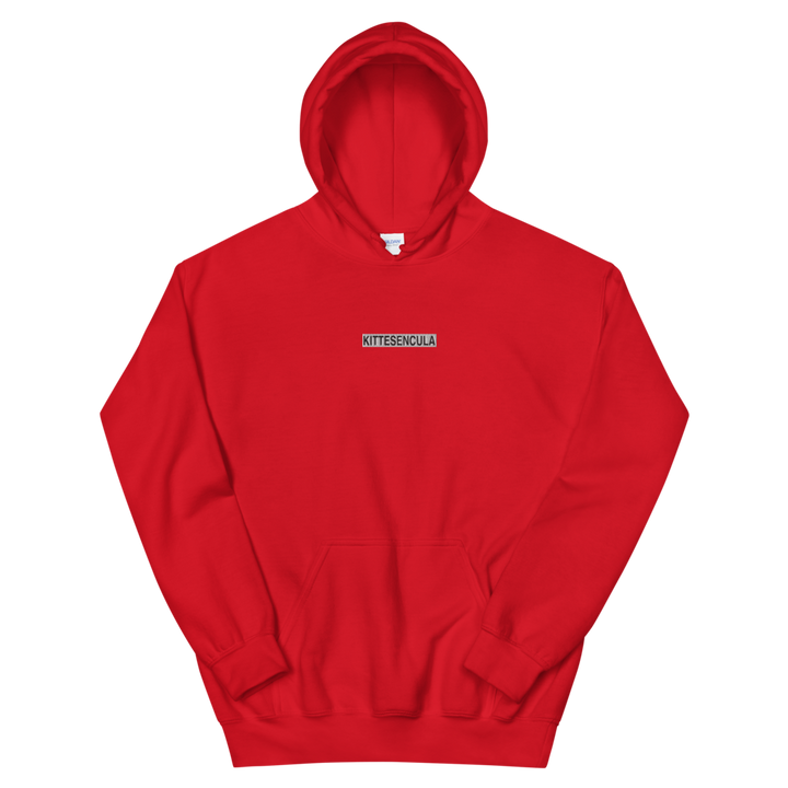 Red Kittesencula Hoodie with embroidered white logo, soft cotton-polyester blend, front pouch pocket, and double-lined hood.