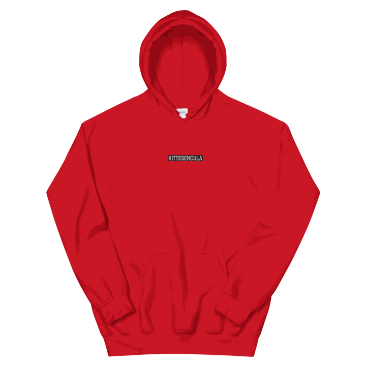 Red Kittesencula Hoodie with embroidered black logo and front pouch pocket