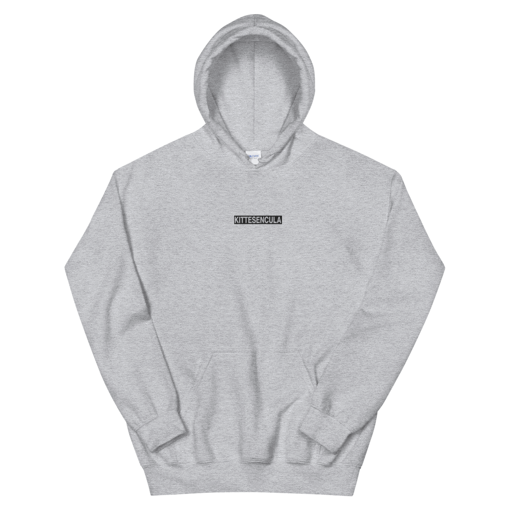 Gray Kittesencula Hoodie with embroidered black logo and front pouch pocket