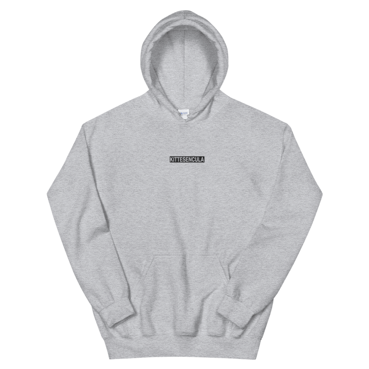 Gray Kittesencula Hoodie with embroidered black logo and front pouch pocket
